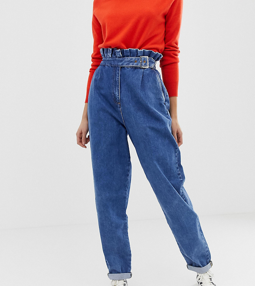 ASOS DESIGN Tall boyfriend jeans med paperbag-talje og spændedetalje i mellemblå vintage-wash