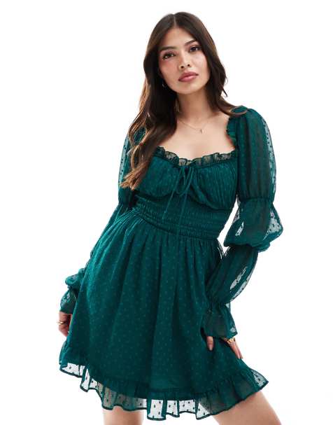 ASOS DESIGN – Tallgrön, långärmad miniklänning i dobbyväv med milkmaid-design och smockad midja - view 1
