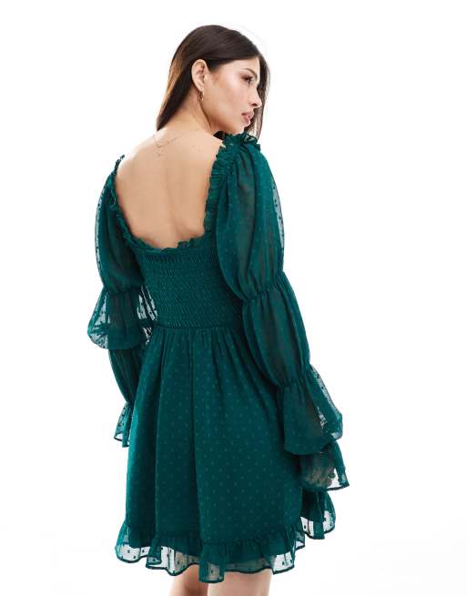 ASOS DESIGN – Tallgrön, långärmad miniklänning i dobbyväv med milkmaid-design och smockad midja, 2 av 4