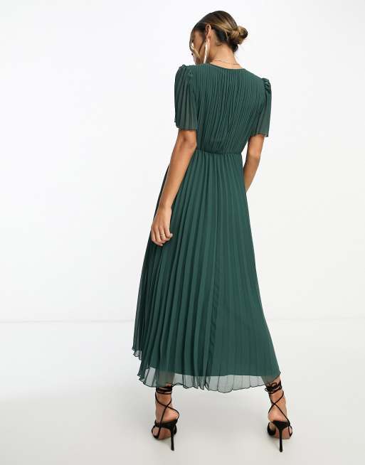 ASOS DESIGN – Tallgrön, plisserad midiklänning med utsvängd ärm, 2 av 4