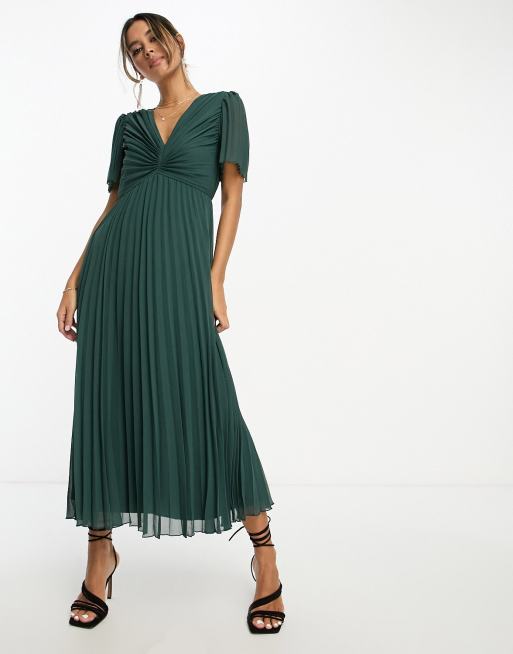 ASOS DESIGN – Tallgrön, plisserad midiklänning med utsvängd ärm, 4 av 4