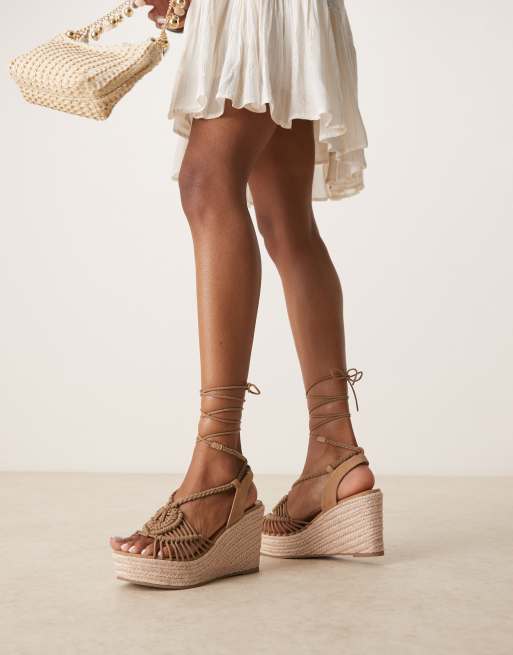 ASOS DESIGN Tallulah crochet weave tie leg wedges in taupe, 3 of 4