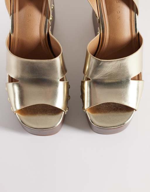 ASOS DESIGN Tamara cut out studded wedges in pale gold, 2 of 4
