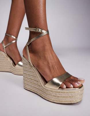 Asos Design Wide Fit Tamika Espadrille Wedges In Gold