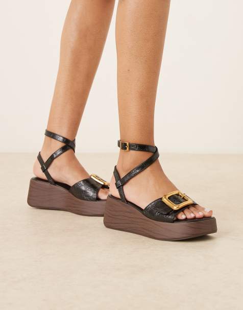 ASOS DESIGN - Tammy - Zeppe effetto legno nero coccodrillo con fibbia - view 1