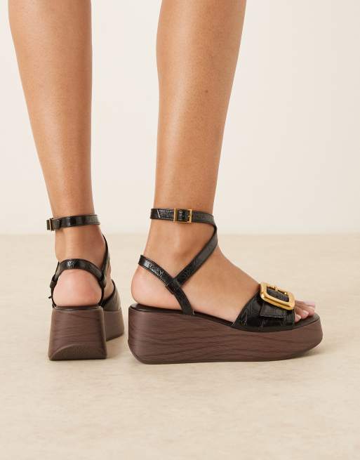 ASOS DESIGN - Tammy - Zeppe effetto legno nero coccodrillo con fibbia, 3 di 4