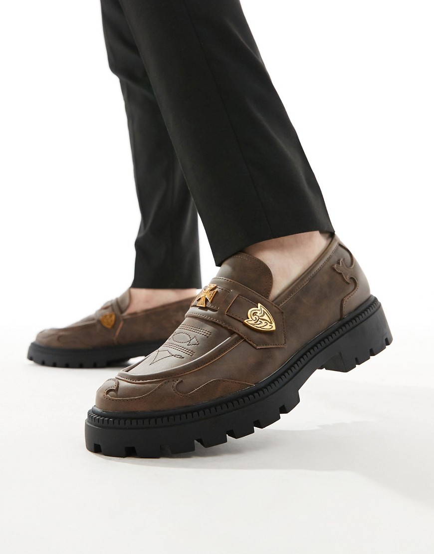 ASOS DESIGN tan and white faux leather loafers with western details-Brown