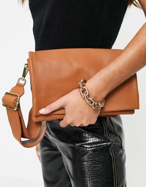 ASOS DESIGN tan leather multi gusset cross body bag with wide strap