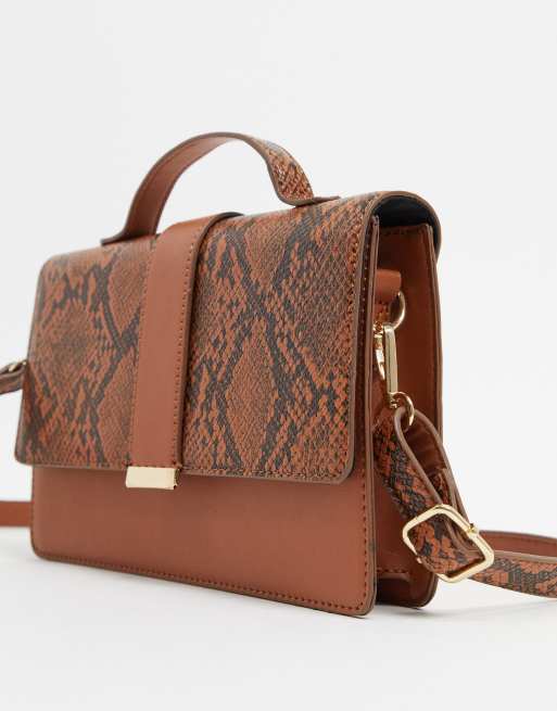 ASOS DESIGN tan satchel bag with snake panel