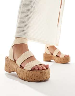 ASOS DESIGN - Tangle - Sandalen in Natur mit Keilabsatz, dicker Sohle und elastischen Riemen-Neutral