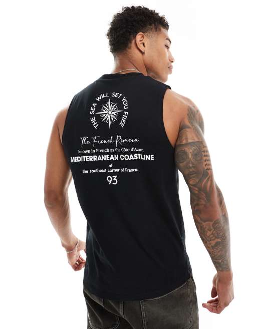ASOS DESIGN tank singlet in black with compass text back print