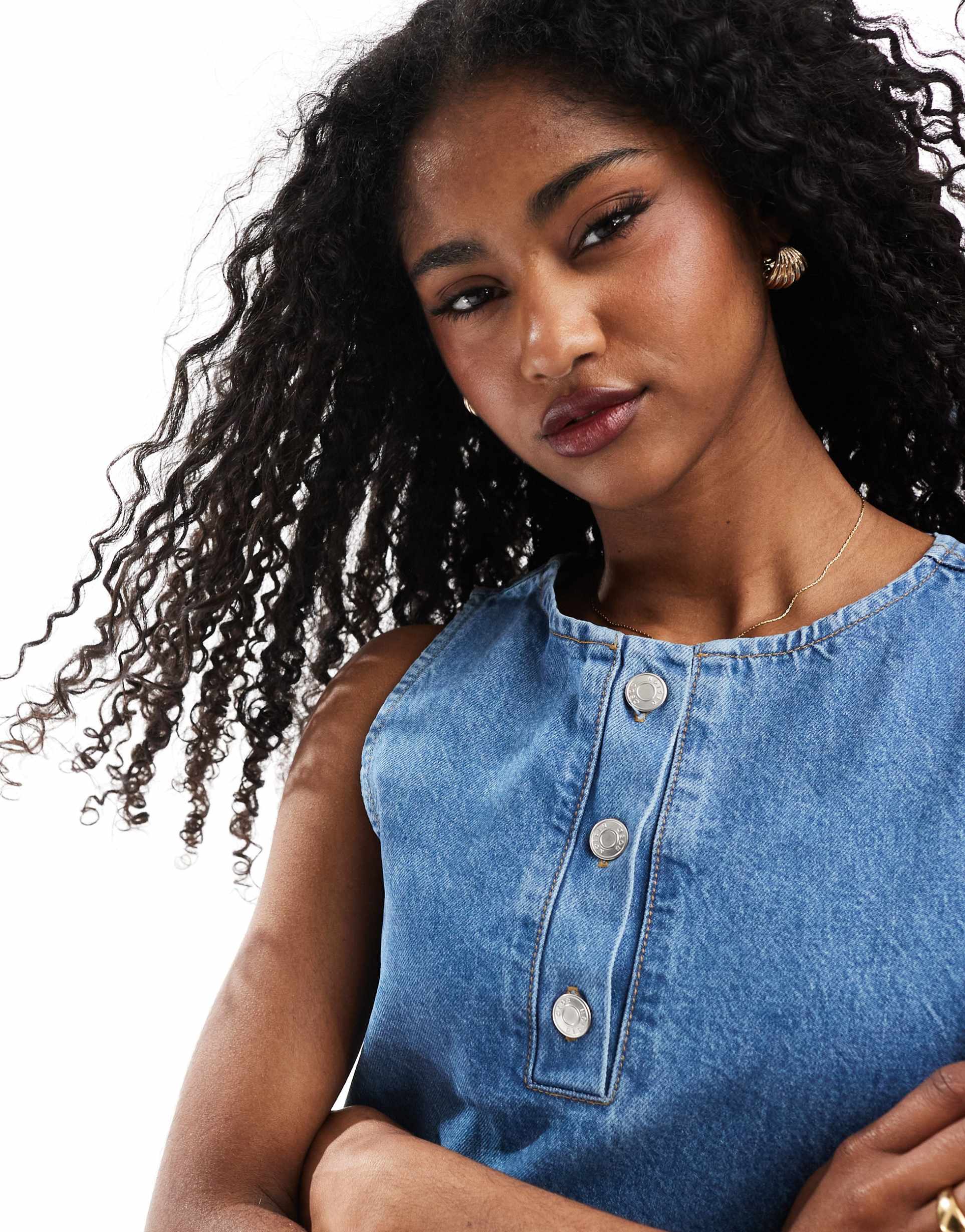 asos design tank style denim dress with henley button down neck