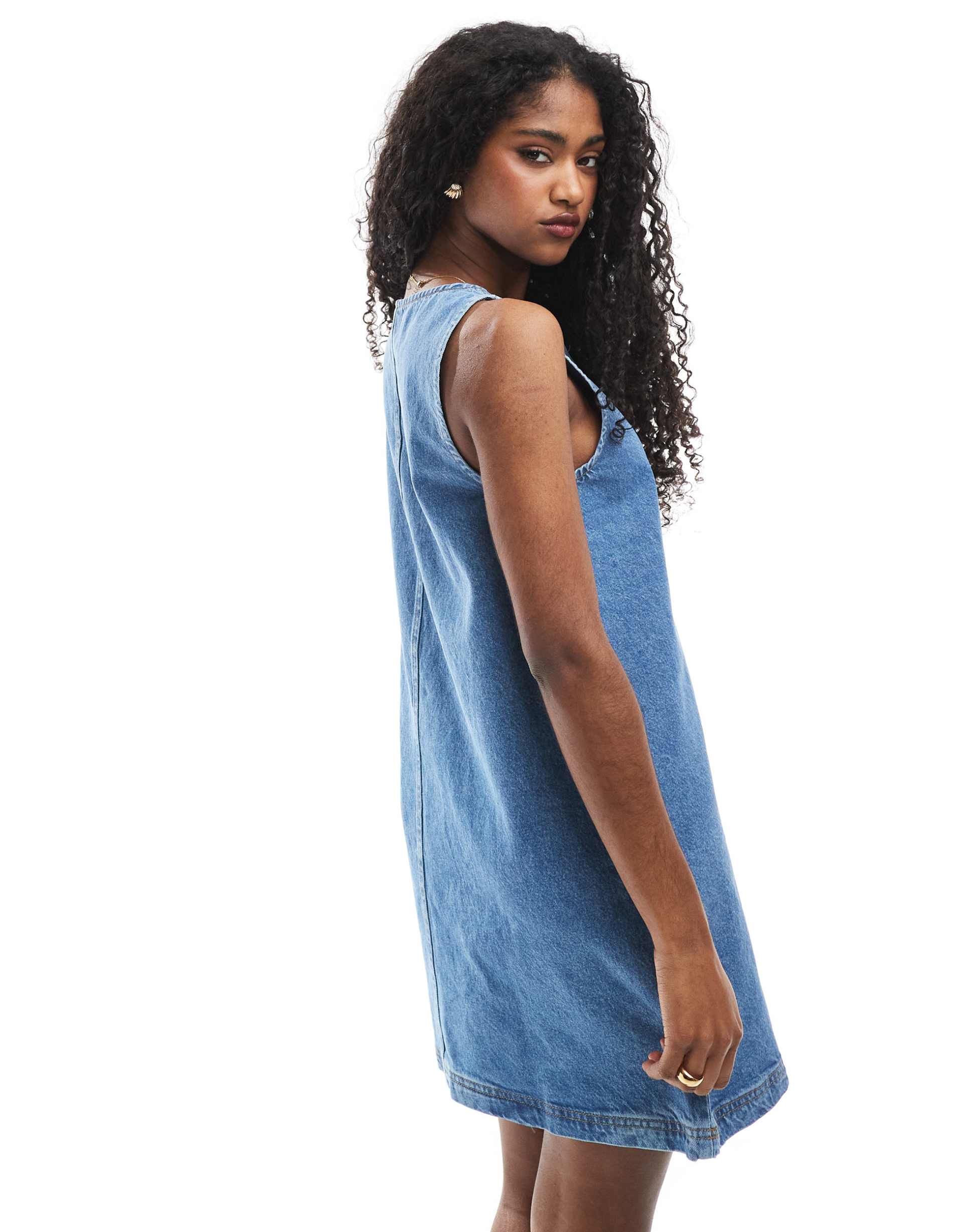asos design tank style denim dress with henley button down neck