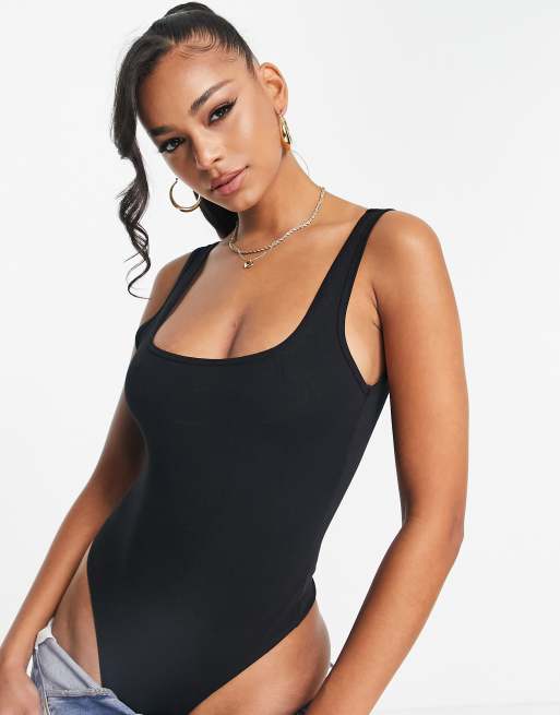 Black Snatched Rib Square Neck Sleeveless Bodysuit