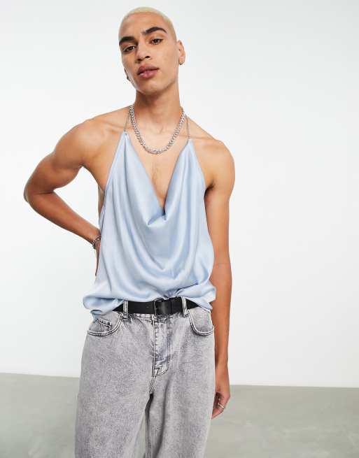 Blue satin tank sales top