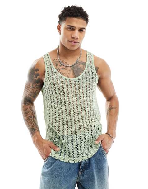 ASOS DESIGN tank top in green open crochet fabric - view 1