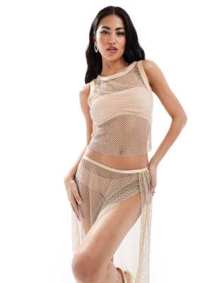 Asos Design Tank Top With Binding In Hotfix Fishnet In Gold - Part Of A Set