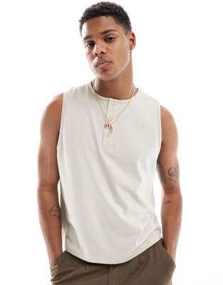 Asos Design Tank Top With Button Up Crew Neck In Neutral