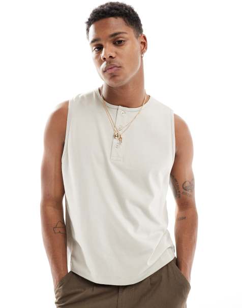 ASOS DESIGN tank top with button up crew neck in stone - view 1
