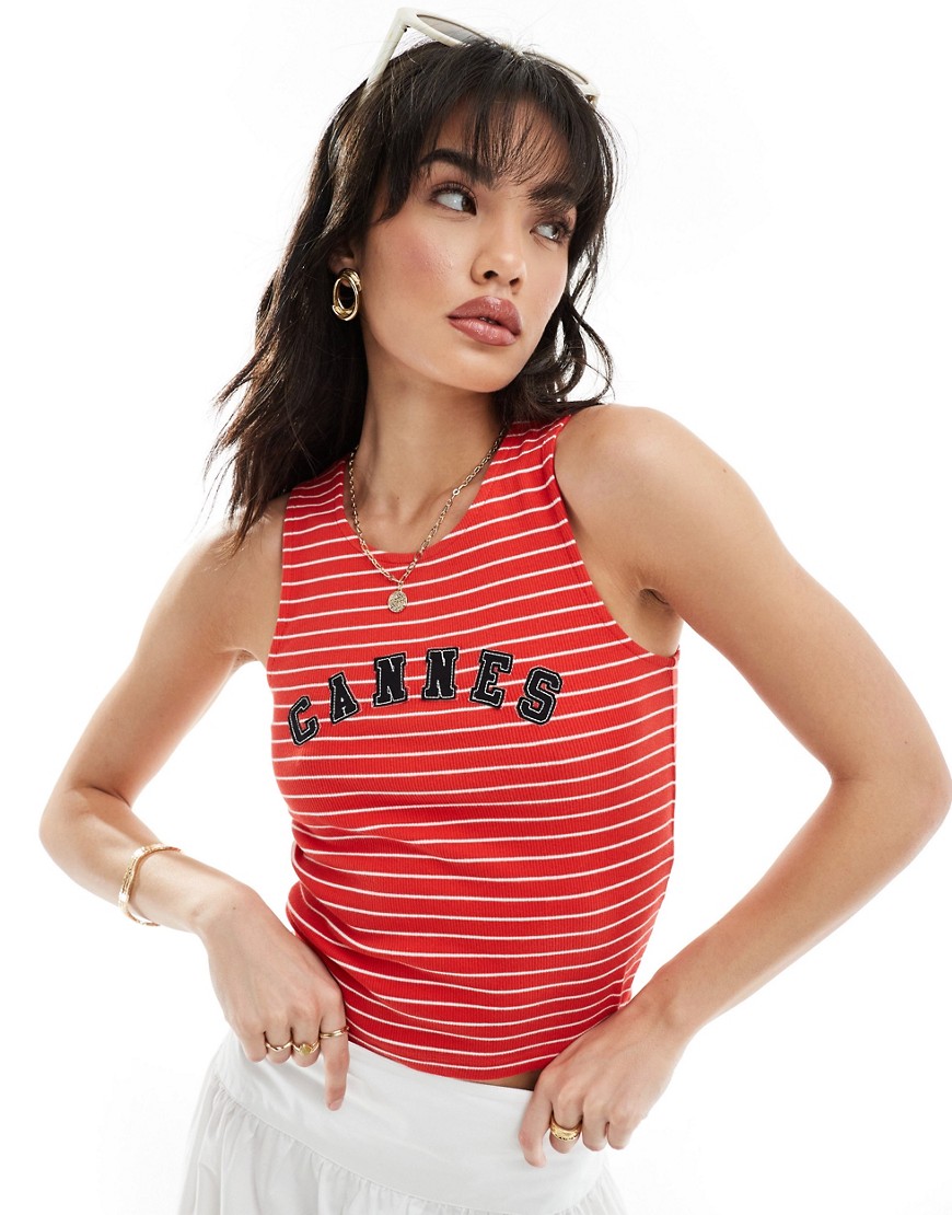 Asos Design Tank Top With Cannes Graphic In Red Stripe-multi