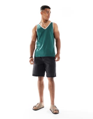 Asos Design Tank Top With Contrast White Binding In Green