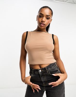 ASOS DESIGN tank top with curved back cut out with contrast binding in camel
