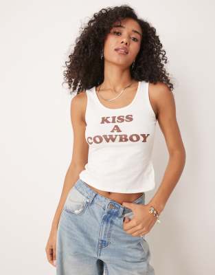Asos Design Tank Top With Kiss A Cowboy Graphic-white