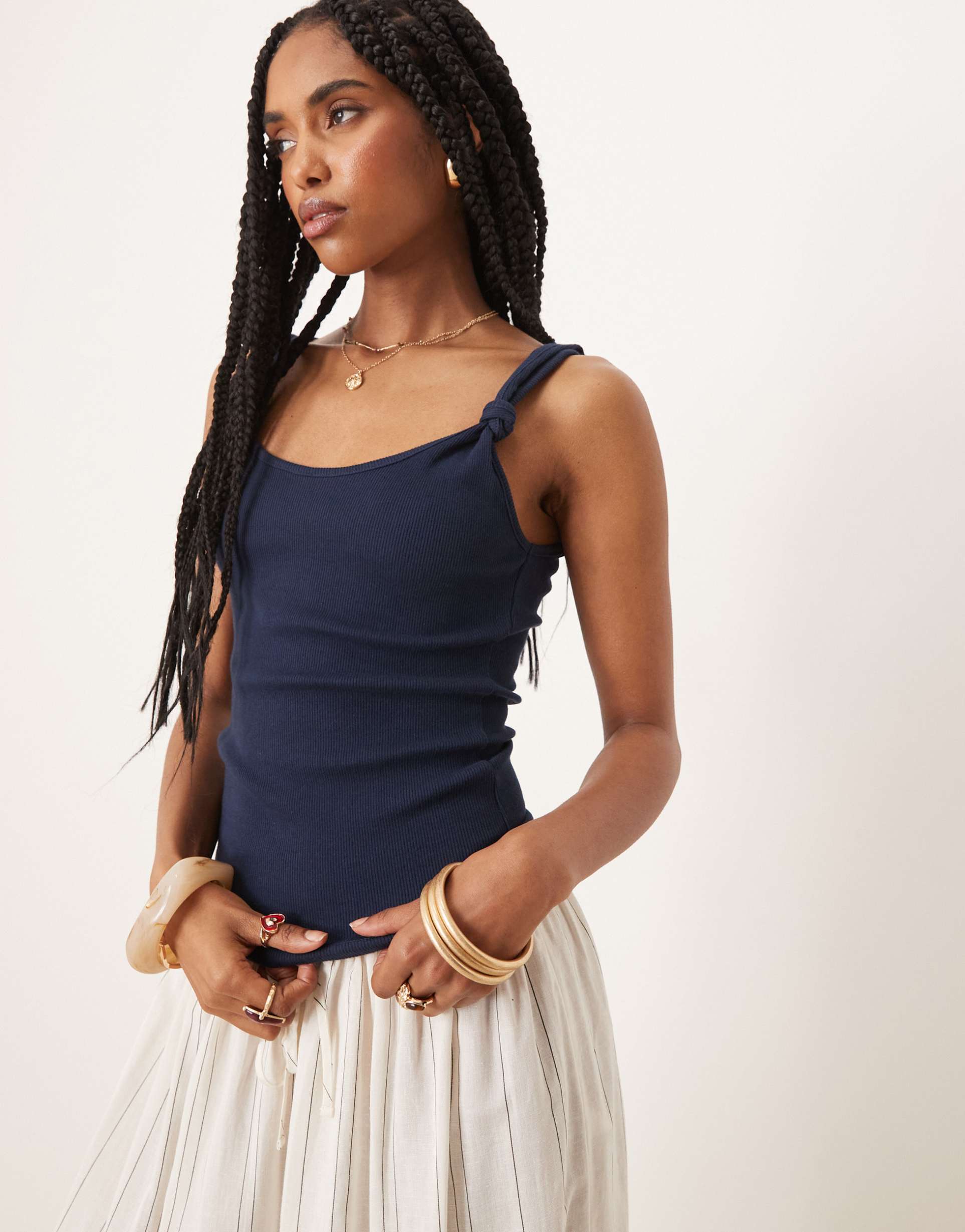 asos design tank top with knot strap detail in navy