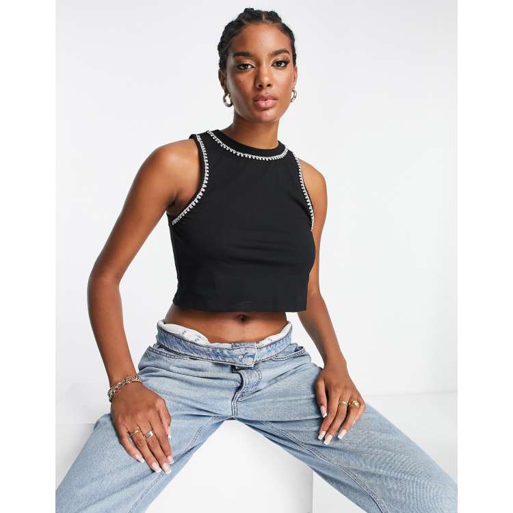 ASOS DESIGN tank top with neck and armhole rhinestone trim in black