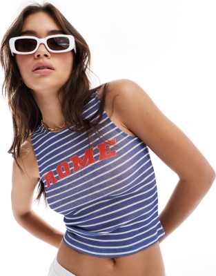 Asos Design Tank Top With Rome Graphic In Navy Stripe-multi