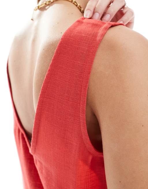 ASOS DESIGN tank top with scoop back in linen blend in red, 3 of 4