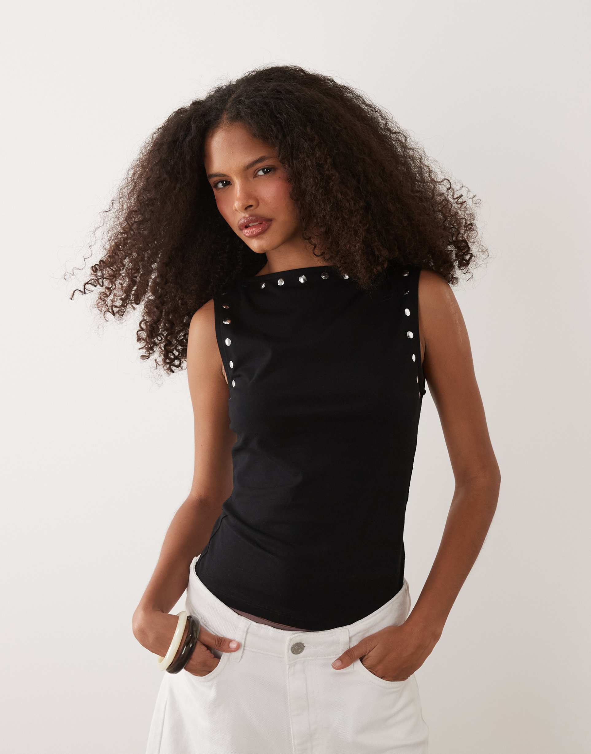 asos design tank top with stud details in black