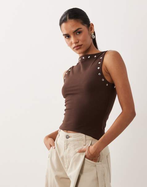 ASOS DESIGN tank top with stud details in chocolate - view 1