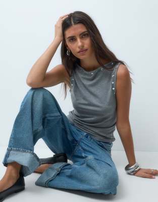 Asos Design Tank Top With Stud Details In Gray