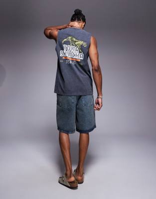 Asos Design Tank With Text Graphic In Blue