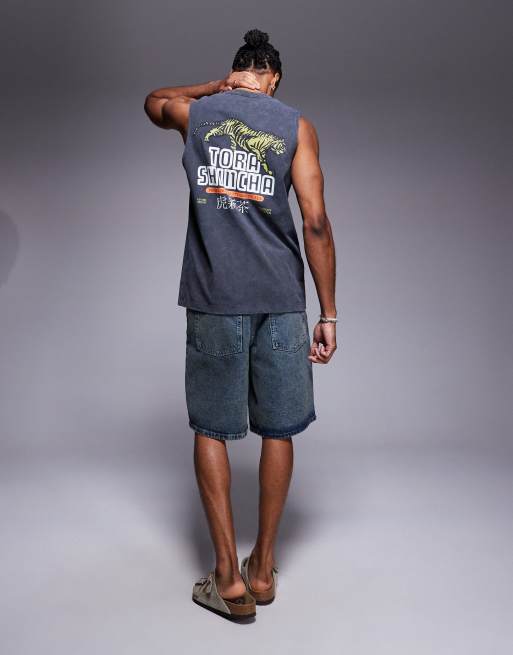 ASOS DESIGN tank with text graphic in heavyweight 220gsm washed black