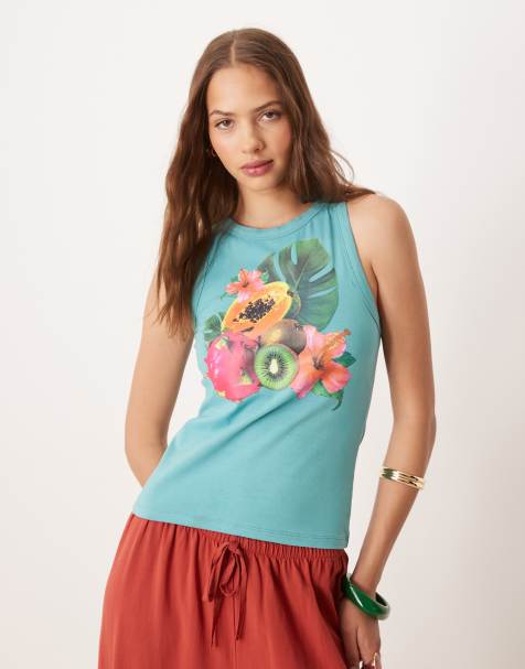 ASOS DESIGN - Tankhemdje met racerhals en grafische tropische fruitprint in turkoois - view 1