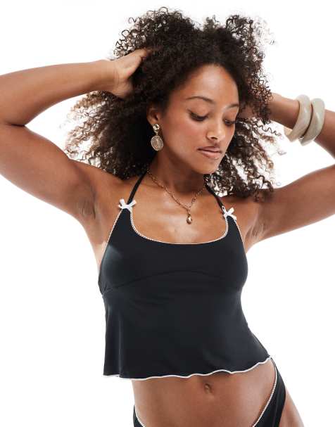 ASOS DESIGN tankini bikini top and bottoms set with contrast bows in black - view 1
