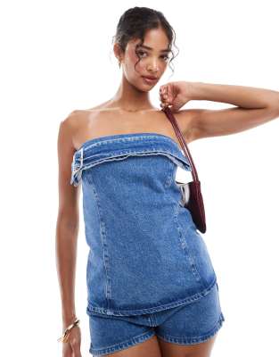 ASOS DESIGN - Tanktop aus ausgebleichtem Denim mit Schnalle-Blau