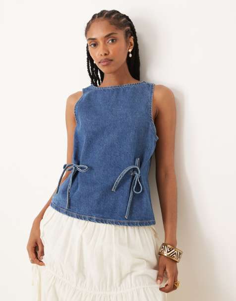ASOS DESIGN – Tanktop aus Denim in Mittelblau mit Bindedetail an der Taille - view 1