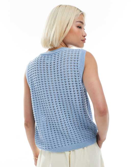 ASOS DESIGN – Tanktop aus Häkelstrick in Blau mit goldfarbenen Knöpfen, 3 von 4