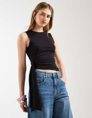 ASOS DESIGN - Tanktop aus Modal in Schwarz mit gerafftem Design und drapiertem Taillendetail