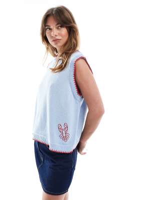 ASOS DESIGN - Tanktop aus Strick in Hellblau mit Hummer-Stickerei