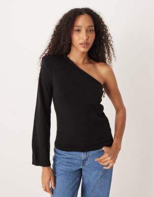 ASOS DESIGN - Tanktop aus Strickstoff in Schwarz mit One-Shoulder-Träger und Schulterpolstern