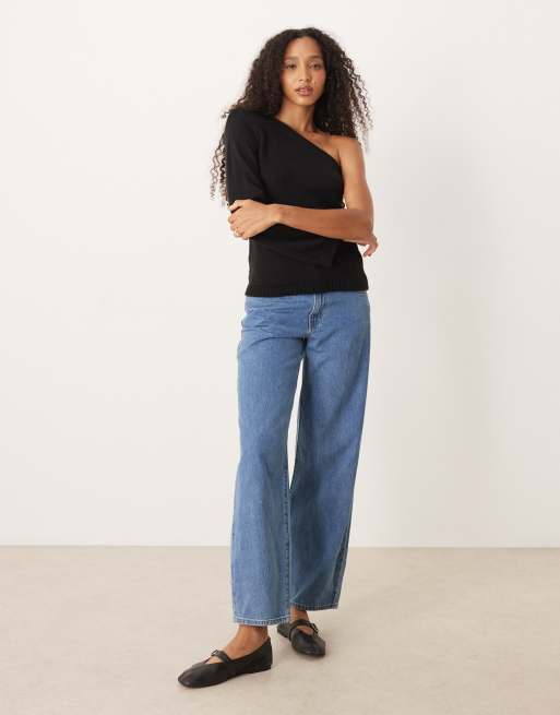 ASOS DESIGN – Tanktop aus Strickstoff in Schwarz mit One-Shoulder-Träger und Schulterpolstern, 2 von 4