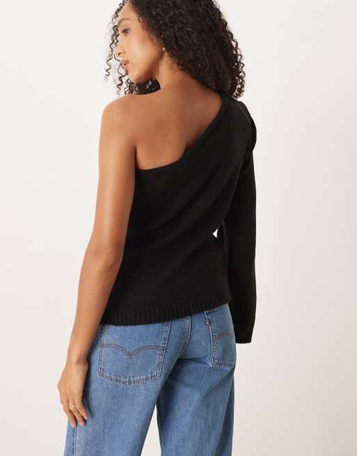 ASOS DESIGN – Tanktop aus Strickstoff in Schwarz mit One-Shoulder-Träger und Schulterpolstern, 4 von 4
