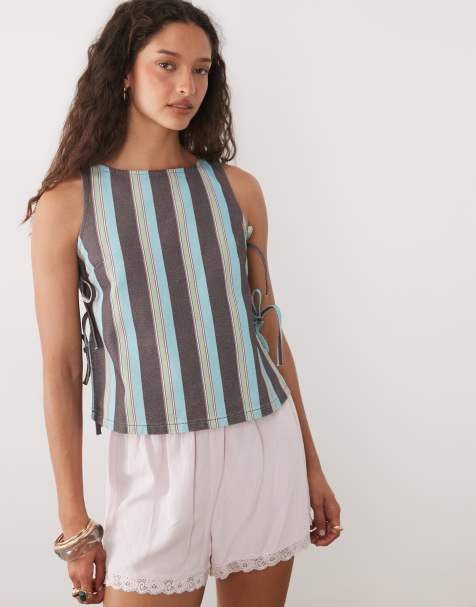 ASOS DESIGN - Tanktop i denim med bindebånd i siderne og lyserøde/blå striber - view 1