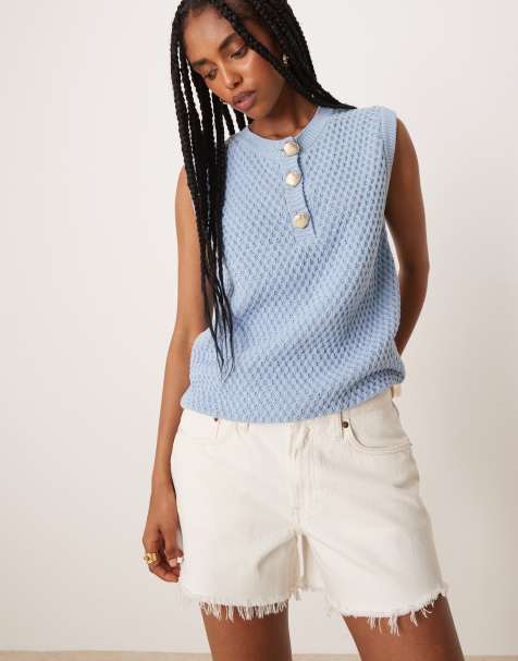 ASOS DESIGN – Tanktop in blauer Häkeloptik mit Muschelknöpfen - view 1