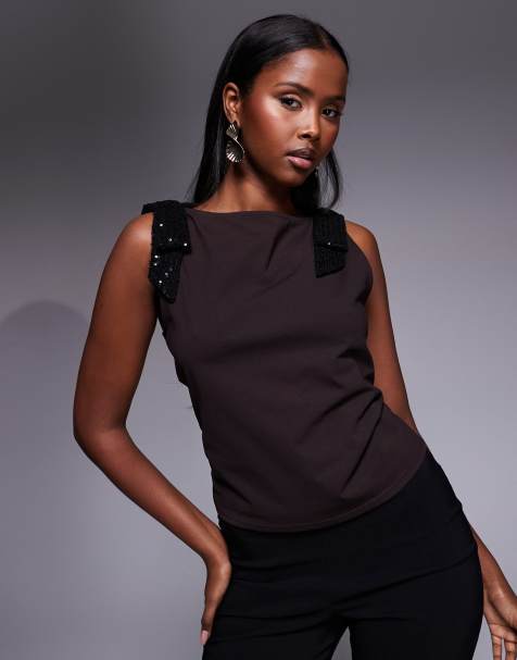 ASOS DESIGN – Tanktop in Braun mit schwarzen Pailletten-Schleifenträgern - view 1