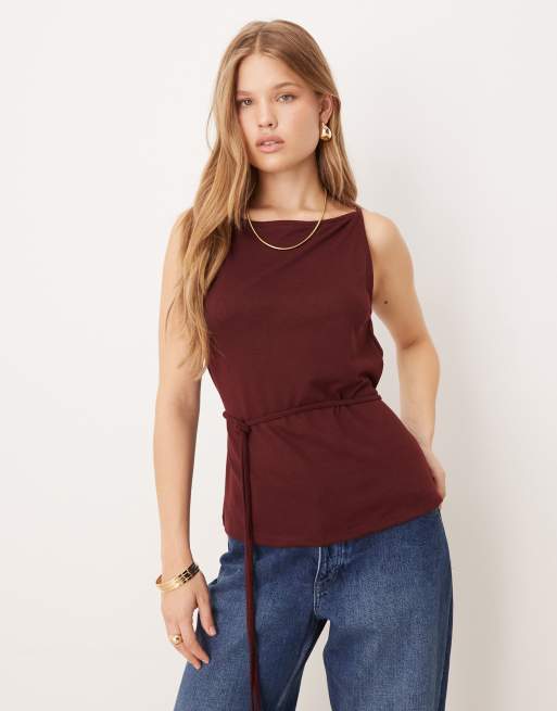 ASOS DESIGN – Tanktop in Burgunderrot mit Bindedetail in der Taille und U-Boot-Ausschnitt, 3 von 4